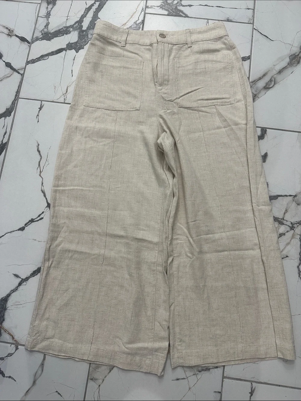 Zara Beige Cropped Wide-Leg Linen Blend Pants
